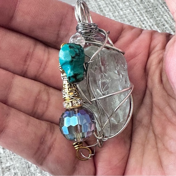 Blue Sea Beach Glass Pendant Beaded Accent Artisan Silver Wire-Wrapped Necklace - Picture 2 of 11